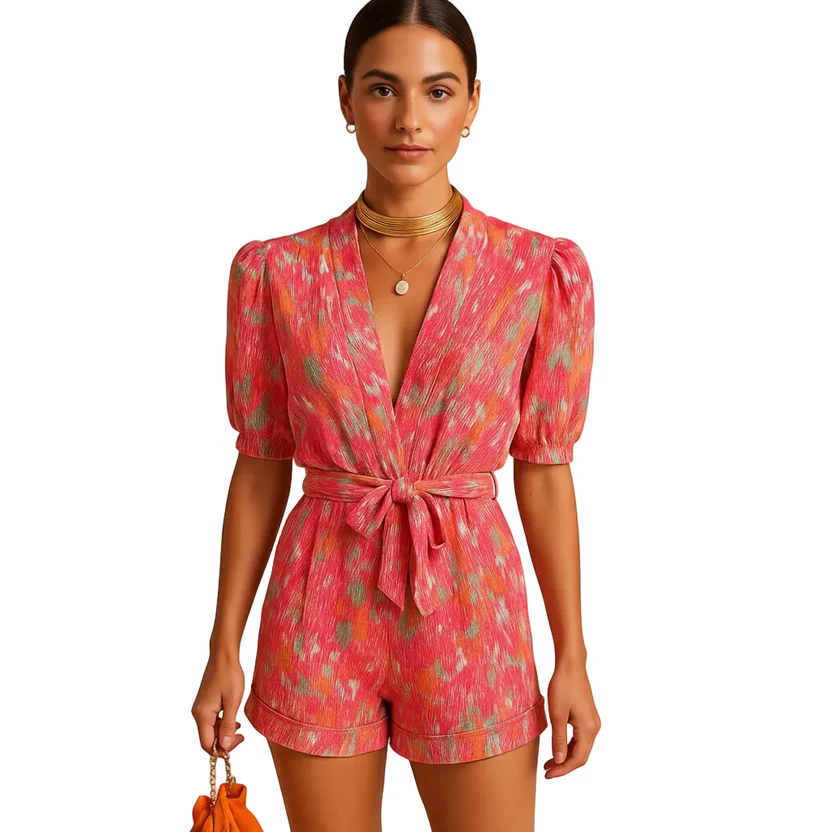 Teexden Women's Short Printed Jumpsuit – Belted Vacation Romper
